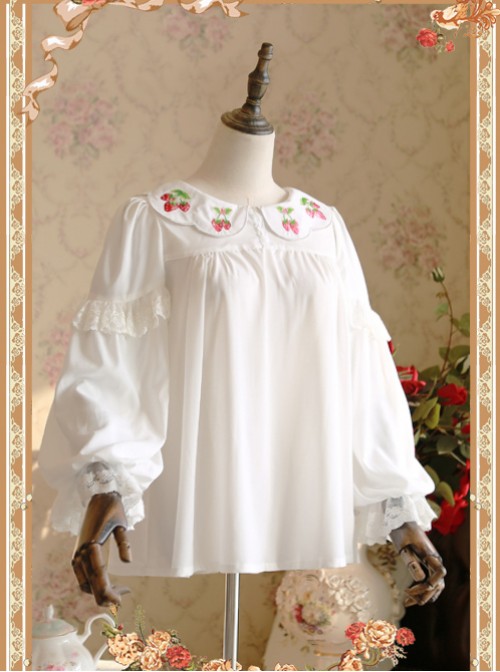 Strawberry Embroidery Series Double-sided Wear White Chiffon Lolita Long Sleeve Shirt  |  Blouses