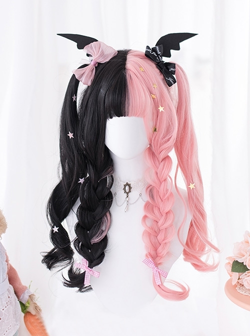 Strawberry Muffin Series Black Powder Color Matching Sweet Cool Girl Long Curly Hair Sweet Lolita Wig  |  Wigs