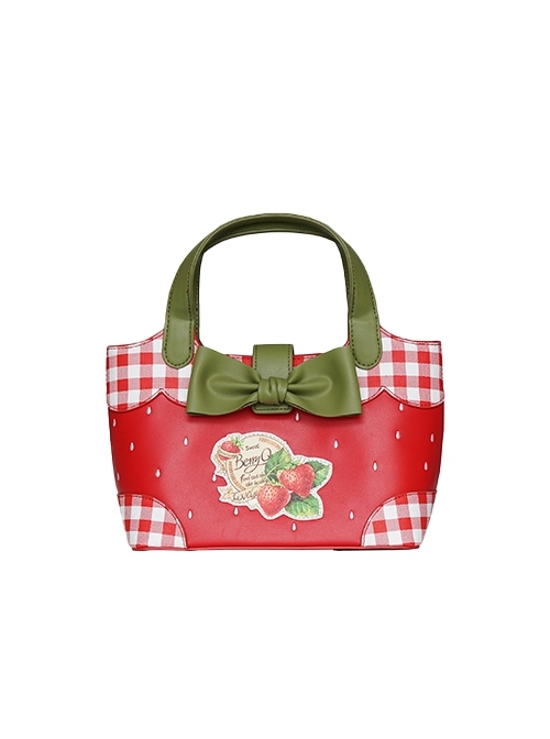 Strawberry Picnic Series Idyllic Strawberry Handpainted Printing Collage Three-dimensional Bow Decoration Sweet Lolita Messenger Handbag  |  Lolita Bags