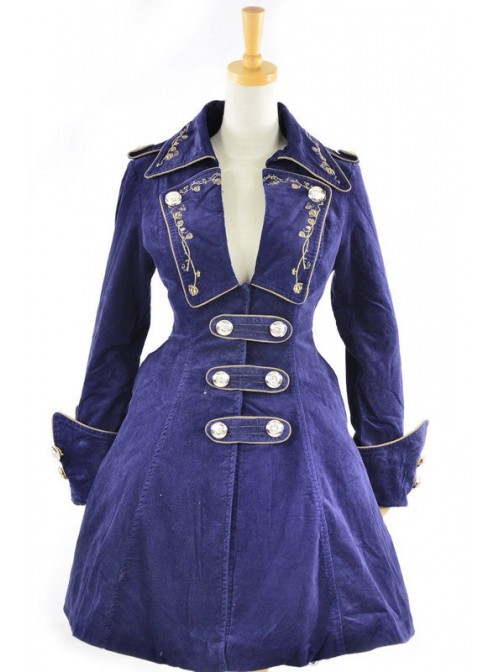 Stylish Blue Velvet Chain Button Long Sleeve Lolita Coat  |  Coat & Jacket