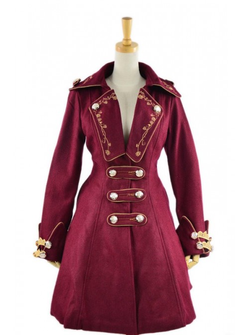 Stylish Red Velvet Chain Button Long Sleeve Lolita Coat  |  Coat & Jacket