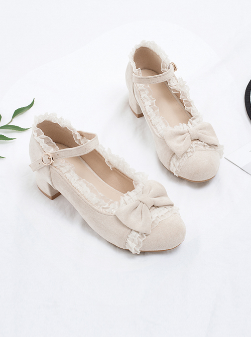 Suede Leather Round-toe Bowknot Lace Thick Heel Classic Lolita High Heel Shoes  |  Lolita Shoes