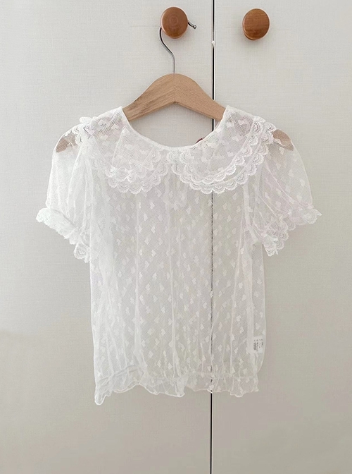 Summer Breathable Doll Collar Short-Sleeved Lace White Hollow Love Print Foreign Style Sweet Lolita Kids Top  |  Kids Tops