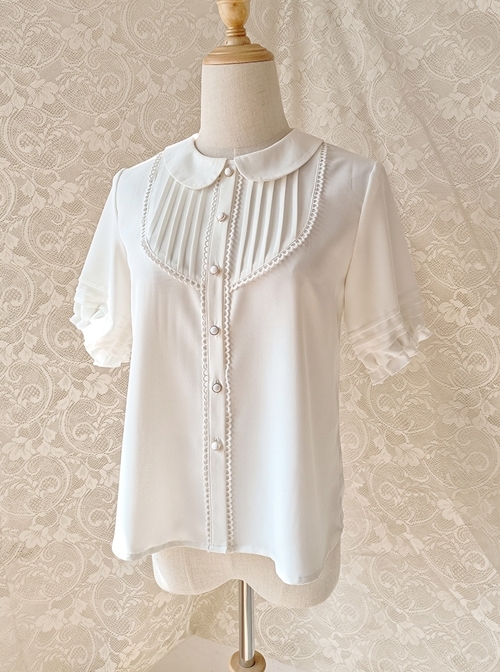 Summer Cute Doll Collar White Chiffon Classic Lolita Daily All-Match Short-Sleeved Shirt  |  Blouses