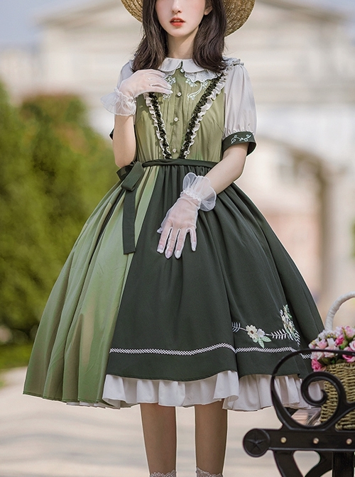 Summer Embroidered Doll Collar Cute Puff Sleeves Green Little Daisy Embroidered Stitching Hem Classic Lolita Short Sleeve Dress  |  Classic Lolita Dresses