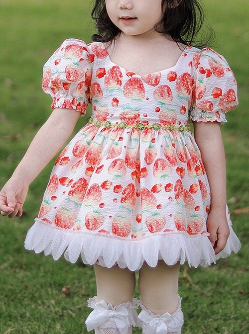 Summer Floral Cute Strawberry Print Petal Lace Hem Skirt Princess Sweet Lolita Kids Puff Sleeve Dress  |  Kids Dresses