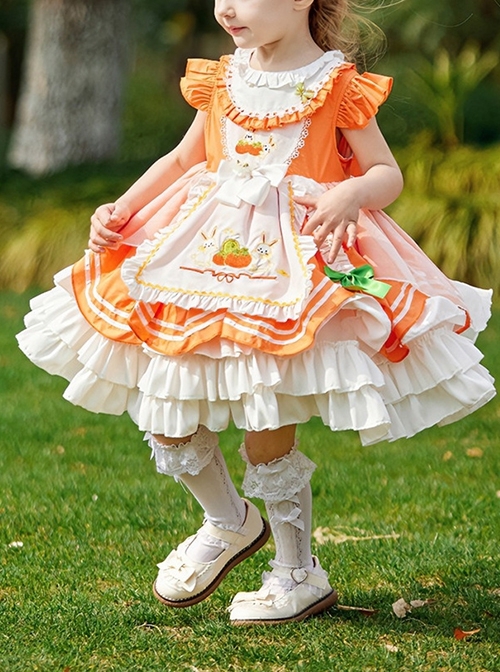 Summer Juice Pastoral Style Apron Bunny Persimmon Embroidery Sweet Lolita Ruffles Little Flying Sleeves Kid Dress  |  Kids Dresses