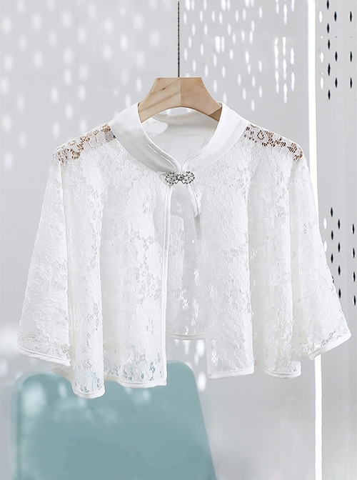 Summer Thin Lace Jacquard Embroidery Silver Button Decoration Cheongsam Retro Sun Protection Small Shawl  |  Blouses