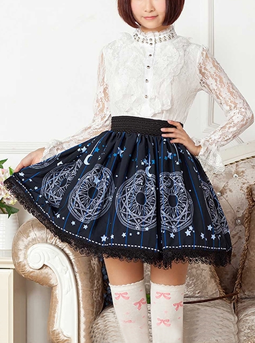 Sun Moon Magic Array Series Navy Blue Pleated Black Lace White Star Pattern Printing Sweet Lolita Short Skirt  |  Skirts