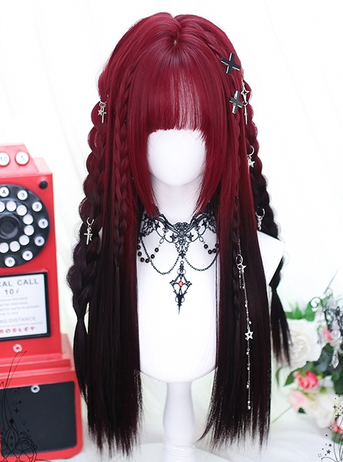 Sundial Series Red Black Gradient Long Straight Hair Flat Bangs Subculture Punk Style Full Head Wig  |  Wigs