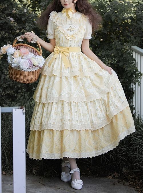 Sunny Flower Series Bright Yellow Summer Classic Lolita Pastoral Style Embroidery Print Four Sections Large Hem Dress  |  Classic Lolita Dresses