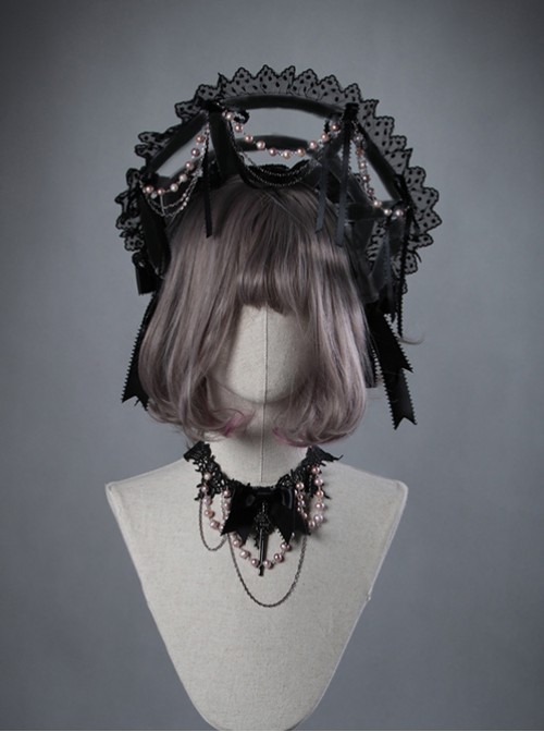 Swan Bone Series Black Swan Pearl Chain Gothic Lolita Bonnet  |  Lolita Headbands