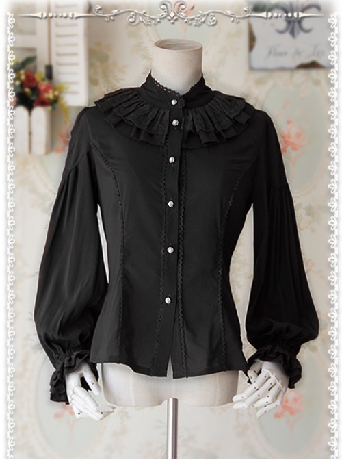 Swan Lake’s Love Series Black Chiffon Long Puff Sleeve Classic Lolita Shirt  |  Plus Size Lolita Blouses