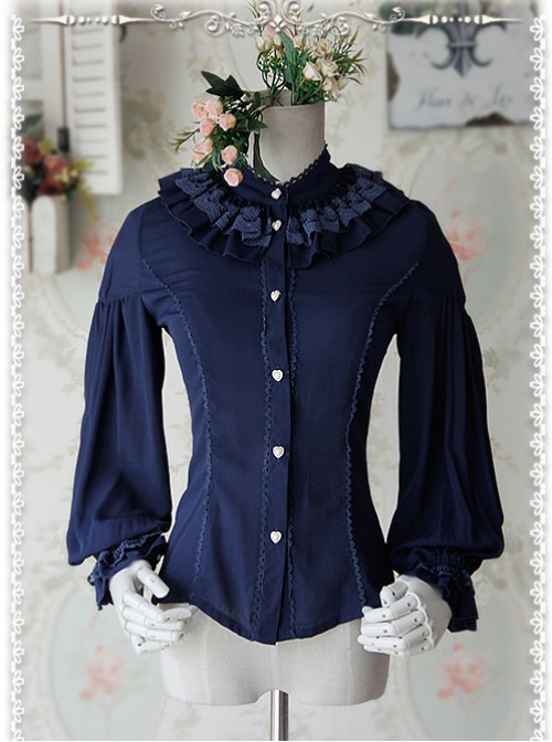 Swan Lake’s Love Series Deep Blue Chiffon Long Puff Sleeve Classic Lolita Shirt  |  Blouses