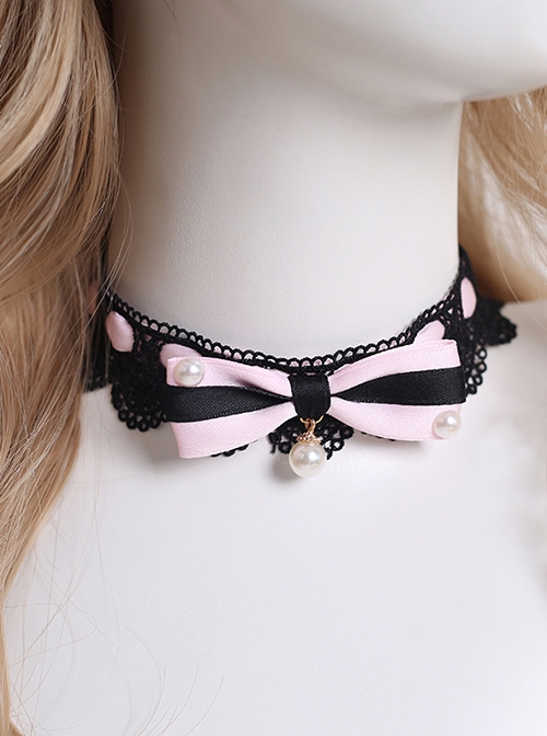 Sweet Bow Knot Pearl Pendant Decoration Black Lace Cute Maid Classic Lolita Necklace  |  Lolita Necklaces