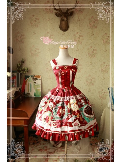 Sweet Christmas Series Printed Lace Red Lolita Sleeveless Dress  |  Skirts