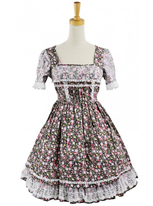 Sweet Colorful 100% Cotton Lace Floral Short Sleeve Lolita Dress  |  Sweet Lolita Dresses