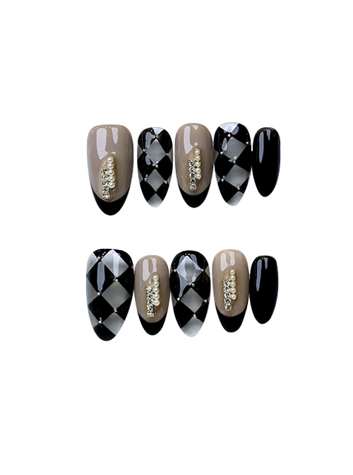 Sweet Cool Checkerboard Everyday Diamond Pearl Decoration Detachable Finished Short Manicure Nail Pieces  |  Nails