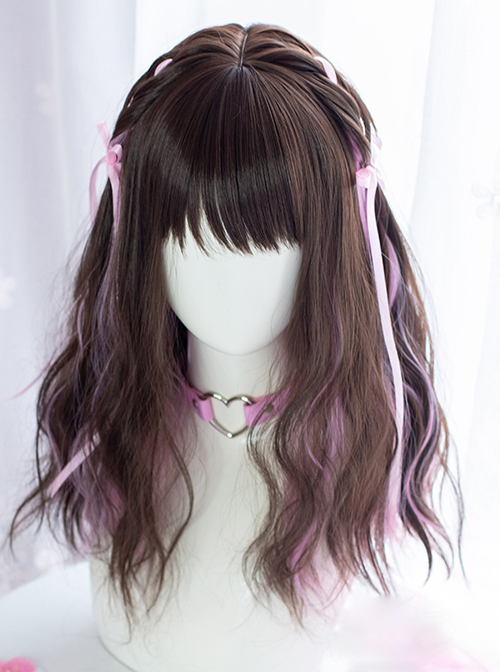 Sweet Cool Girl Dark Brown Pink Medium Length Curly Wig Sweet Lolita Wigs  |  Wigs