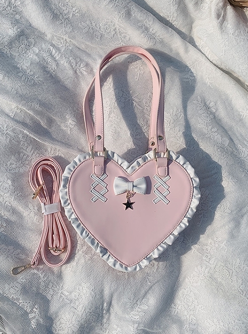 Sweet Cute Heart-Shaped Lace Embellished Bowknots Stars Crossbody Handheld Daily Versatile Lolita Bag  |  Lolita Bags