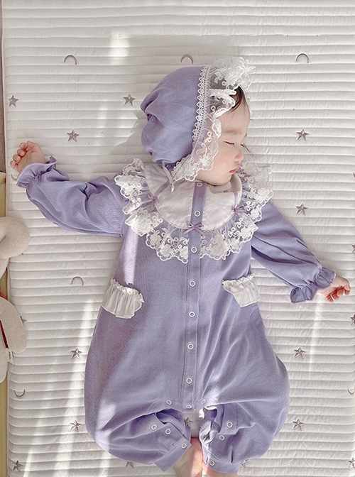 Sweet Cute Light Purple Splicing White Lace Hooded Long Sleeves Girl Romantic Spring Ruffles Baby Romper  |  Baby Rompers