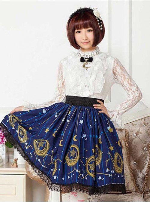 Sweet Dark Blue Stars & Moons Printed Lolita Pleated Skirt  |  Skirts