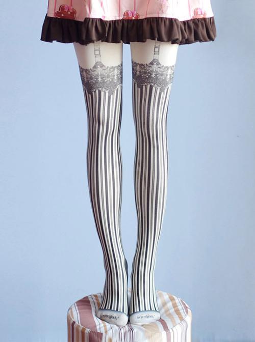 Sweet Gothic Milky White And Black Stripe False Sling Printing Lolita Pantyhose  |  Lolita Socks