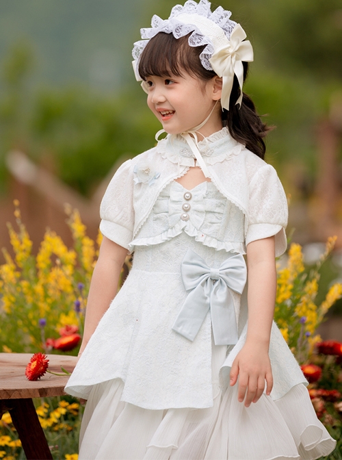 Sweet Heavy Jacquard Embroidery Pleated Lace Pearl Embellishment Bow Knot Classic Lolita Kid Slip Dress  |  Kids Dresses