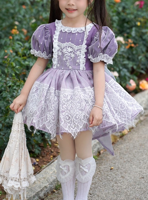 Sweet Lace Round Neck Puff Sleeve Lace Irregular Hem Back Heart Hollow Design Classic Lolita Kids Short-Sleeved Dress  |  Kids Dresses