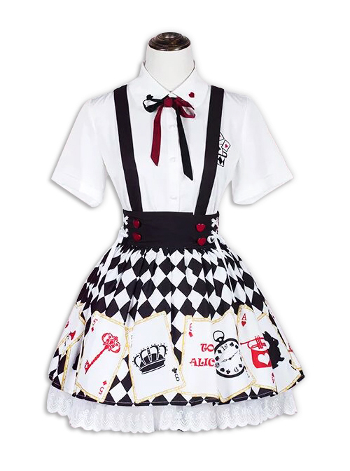 Sweet Lolita Embroidery White Short Sleeves Shirt And Poker Printing Sling Skirt Set  |  Skirts