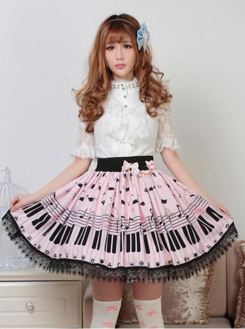 Sweet Pink Piano Keyboard Prints Lolita Pleated Skirt  |  Skirts