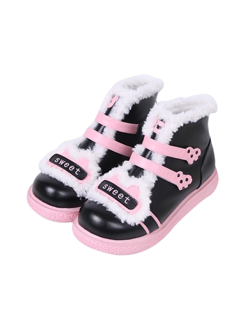 Sweet Round Toe Color-Block Thick-Soled Short Tube Plush Martin Boots Sweet Lolita Boots  |  Lolita Boots