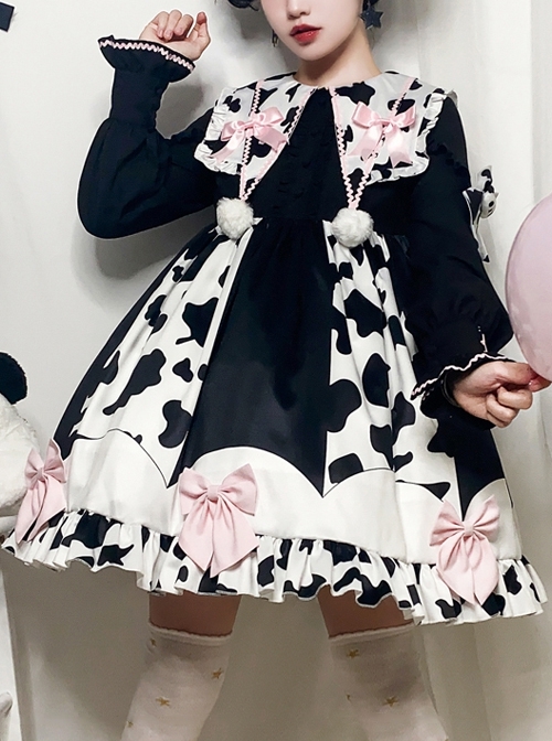 Sweet Snow Ranch Story Series OP Pleated Hem Design Bowknot Sweet Cow Color Sweet Lolita Long Sleeve Dress  |  Sweet Lolita Dresses