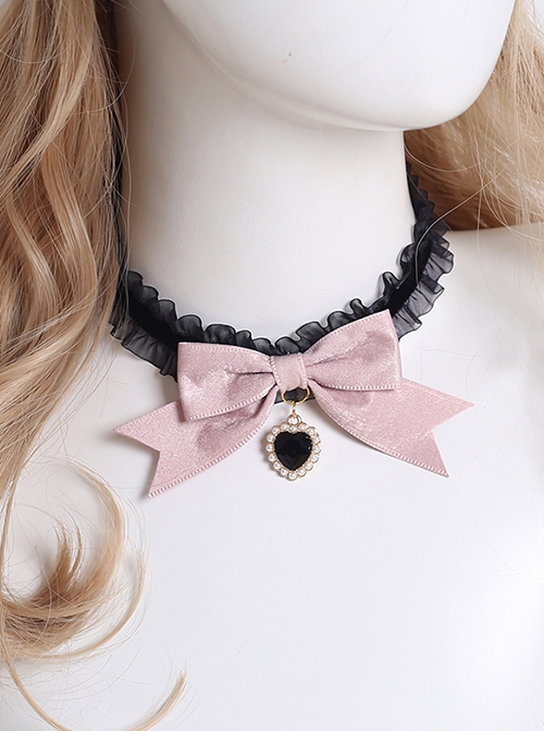 Sweet Solid Color Bow Knot Heart Jewelry Design Black Lace Cute Maid Classic Lolita Necklace  |  Lolita Necklaces