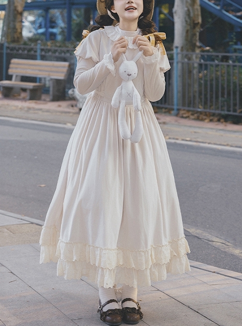 Sweet Tea Series Apricot Large Skirt Extended Hem Inside Round Neckline Ruffled Puff Long Straight Sleeves Classic Lolita Dress  |  Classic Lolita Dresses