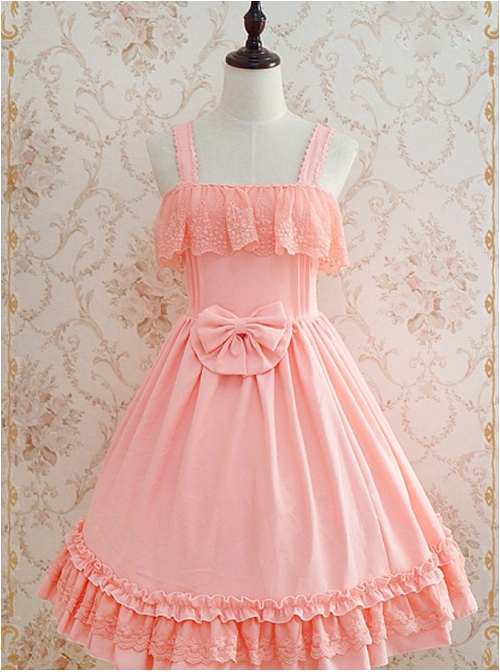 Tank Straps And Lace Trimmed Neckline Bowknot Pink Dress  |  Plus Size Lolita Dresses