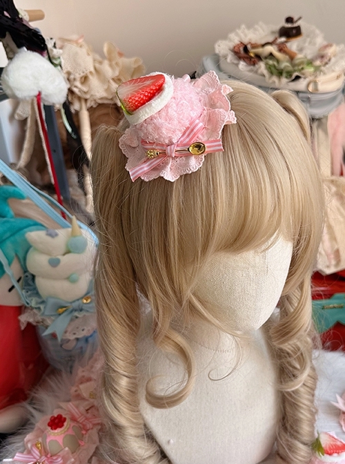 Tea Party Cloth Mini Pink Cakes Strawberry Dessert Sweet Lolita Lace Hairpin Little Hat  |  Lolita Hairpins