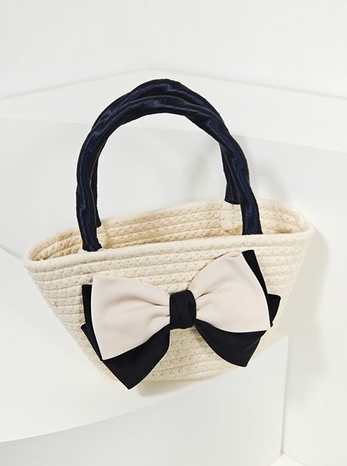 Temperament Daily Black Beige Bowknot Elegant Classic Lolita Fashion Tote Woven Straw Crossbody Handbag  |  Lolita Bags