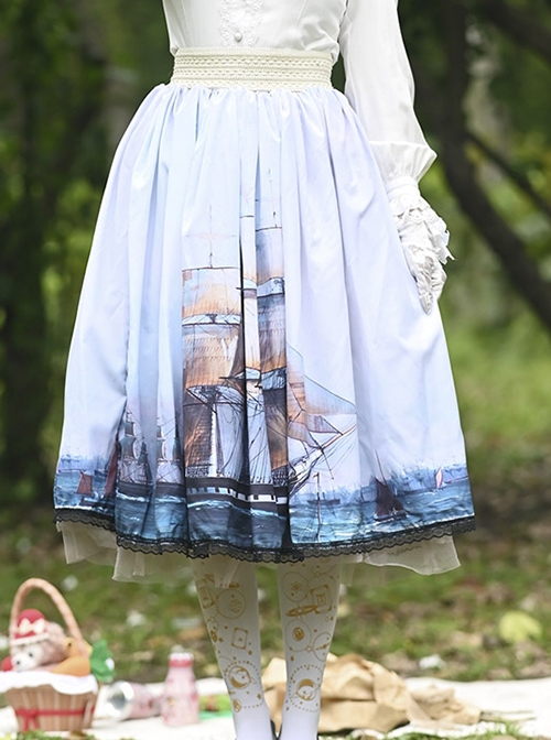 Temperament Fashion Sailboat Oil Painting Printing Decoration Lace Trim Classic Lolita Long Skirt  |  Skirts