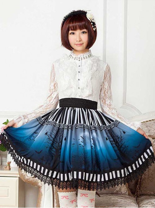 The Dark Moon Night Bats Halloween Dark Blue Gothic Lolita Skirt  |  Skirts