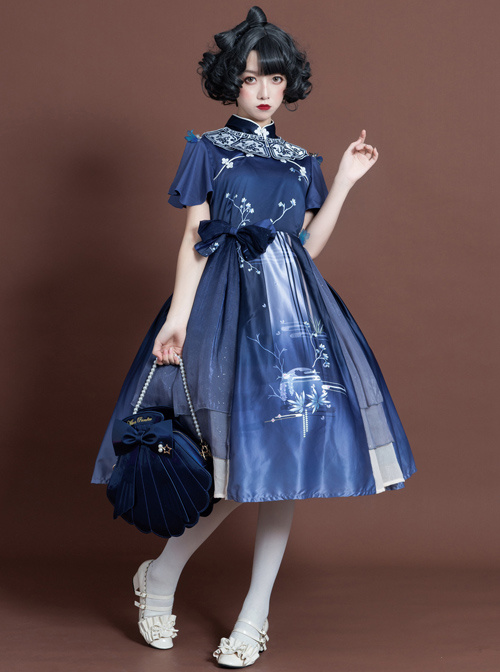 The Moon In The Mirror Series Chinese Style Elegance Classic Lolita Short Sleeve Dress  |  Classic Lolita Dresses