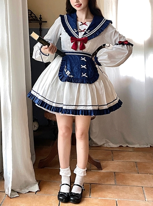 The Navy Collar Dark Pattern Jacquard Maid Outfit Blue-White Embroidered Pleated Long Sleeve School Lolita Dresses  |  School Lolita Dresses