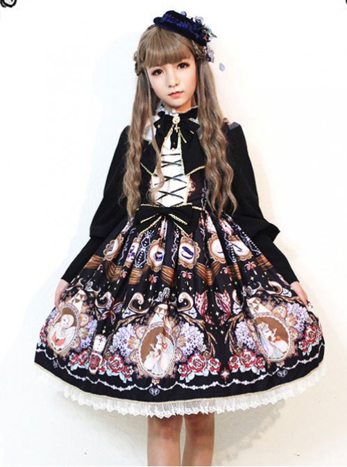 The Opera House at Midnight ~Lolita Stand Collar Long Sleeves OP Dress~Black  |  Punk Lolita Dresses