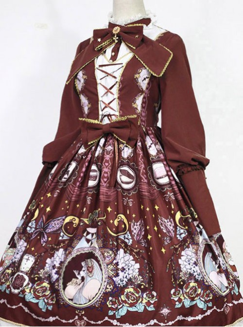 The Opera House at Midnight ~Lolita Stand Collar Long Sleeves OP Dress~Wine  |  Punk Lolita Dresses