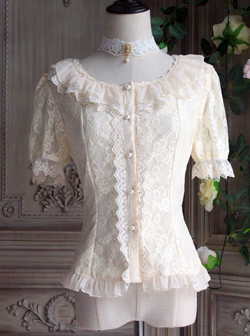 The Poetry Of Roses Series Elegant Lace Daily Short Sleeve Trumpet Sleeves Two Wearing Ways Classic Lolita Shirt  |  Blouses