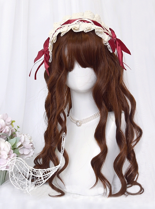 Thin Spiral Curls Cute Daily Red-Brown Air Bangs Classic Lolita Long Curly Hair  |  Wigs