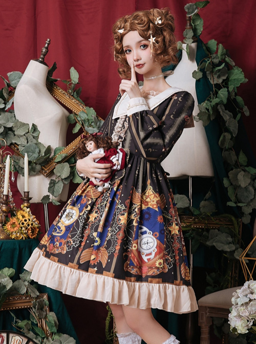 Time Machine Heart Series Classic Lolita Retro Long Sleeve Dress  |  Classic Lolita Dresses