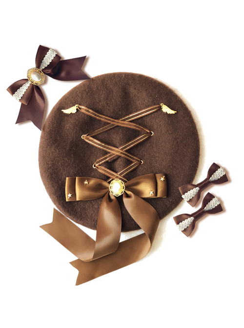 Tiramisu Band Bear Series Cute Bowknot Brown Hat Sweet Lolita Beret  |  Lolita Headbands