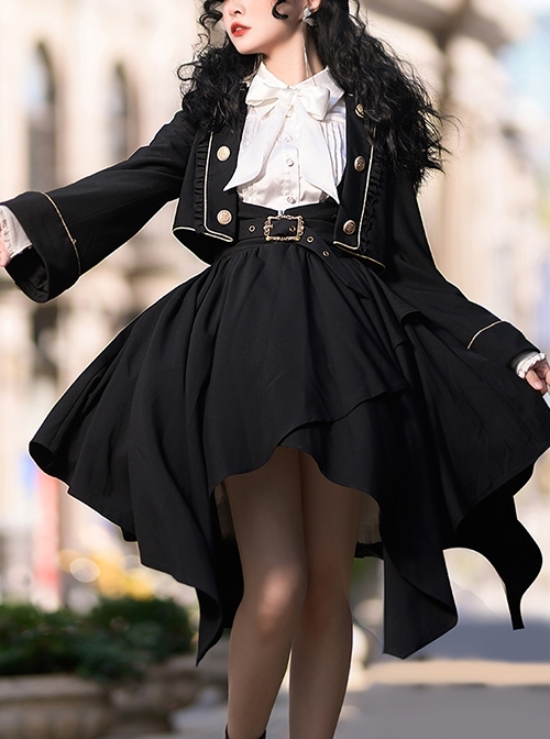 Tomorrow Pledge Series Exquisite Black College Style Military Uniform School Lolita Long Sleeve Shirt Skirt Coat Set  |  Blouses