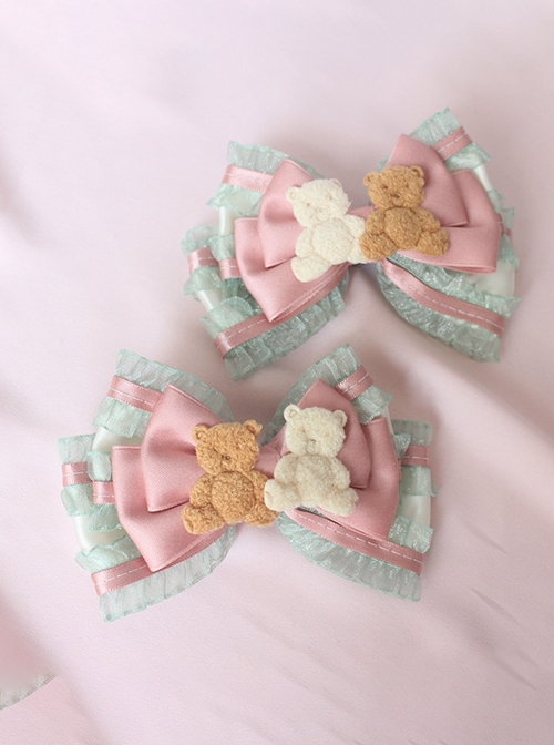 Toy Anniversary Series Cute Kawaii Girly Pink Green Lace Sweet Lolita Bowknot Plush Little Bear Bonzer Side Clip  |  Lolita Hairpins